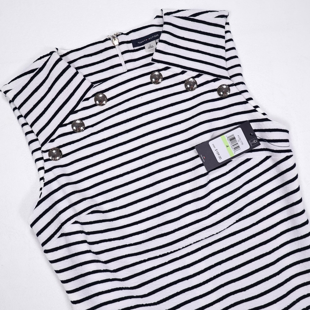 NWT TOMMY HILFIGER Women's 4 Black White‎ Striped Sleeveless Midi Sheath Dress - Picture 2 of 10